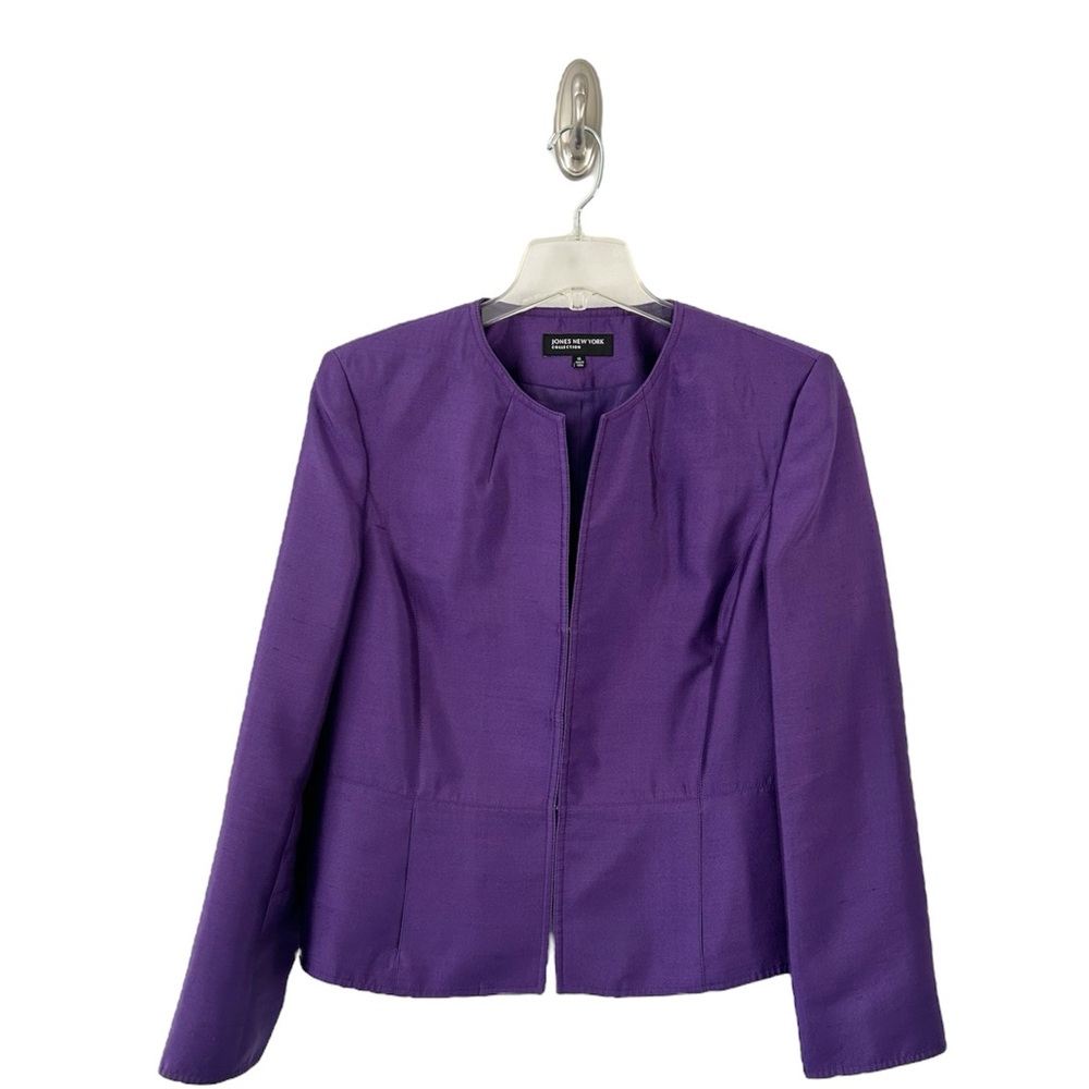 Jones New York Purple Silk Cotton Blend Madison Collarless Blazer Size 14